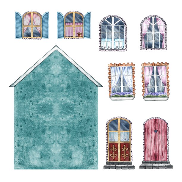 这房子是一套建筑工具。一套用来建造复古房子的套装。门面，窗户，门。手绘的水彩画。强调它。家居，儿童游戏，明信片的设计元素图片下载
