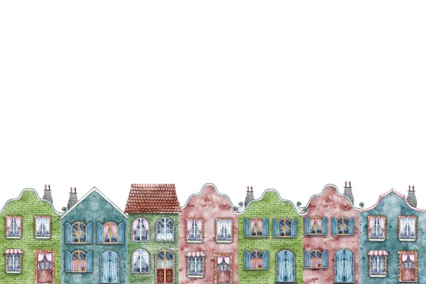 带有欧洲复古房屋的边境旗帜。漂亮可爱的砖砌两层房子，复古风格。这幅水彩画是手工绘制的。用于标签，儿童游戏，明信片，包装。图片下载