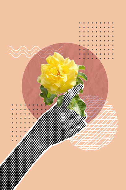 异想天开的半色调拼贴画。那只手握着一朵玫瑰。Y2k流行矢量插图。模板贺卡，邀请，网页横幅。矢量图图片下载
