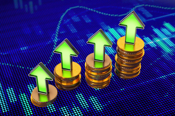 金融投资业务股票。带有绿箭的金币图片下载