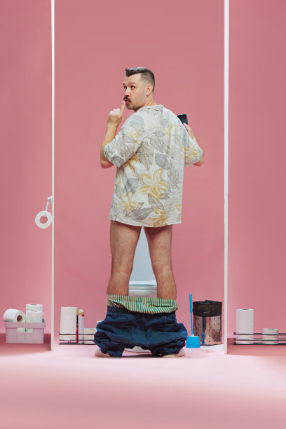 嘘。一名身穿热带衬衫的男子站在厕所里，拿着粉红色背景的手机自拍图片下载