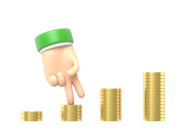 金钱楼梯概念。商人用手抚摸着硬币的存货。信息图表，实现目标的步骤。三维插图平面设计。白色背景的3D渲染。图片下载