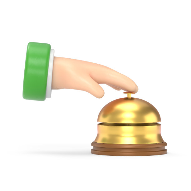 男手按服务铃。服务钟，扁平化设计风格。3 d演示。前台的客户按呼叫按钮。贝尔酒店。白色背景的3D渲染。图片下载