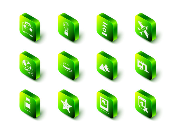 集热气球，防晒喷雾瓶，飞机，房车露营拖车，日历和飞机，埃及金字塔，照片和海星图标。向量图片下载