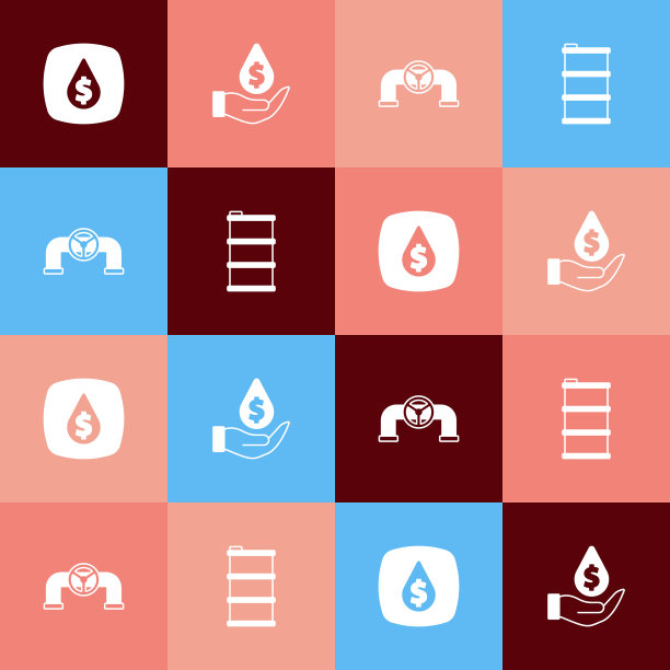 设置流行艺术油滴与美元符号，管道阀门和桶油图标。向量图片下载