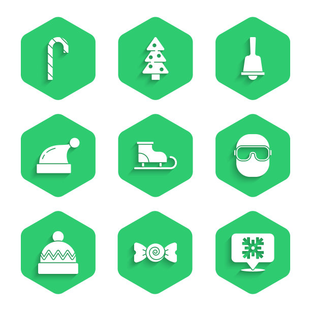 溜冰鞋、糖果、雪花对话气泡、滑雪镜、冬季帽子、圣诞老人、铃铛和拐杖糖图标矢量素材图片下载