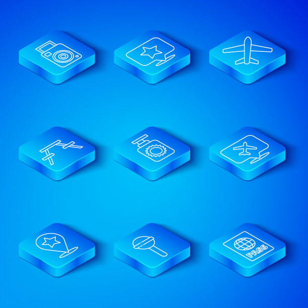 设置线地图指针与星星，防晒喷雾瓶，棒棒糖，演讲泡沫飞机，飞机，野餐桌长凳，照相机和护照图标。向量图片下载