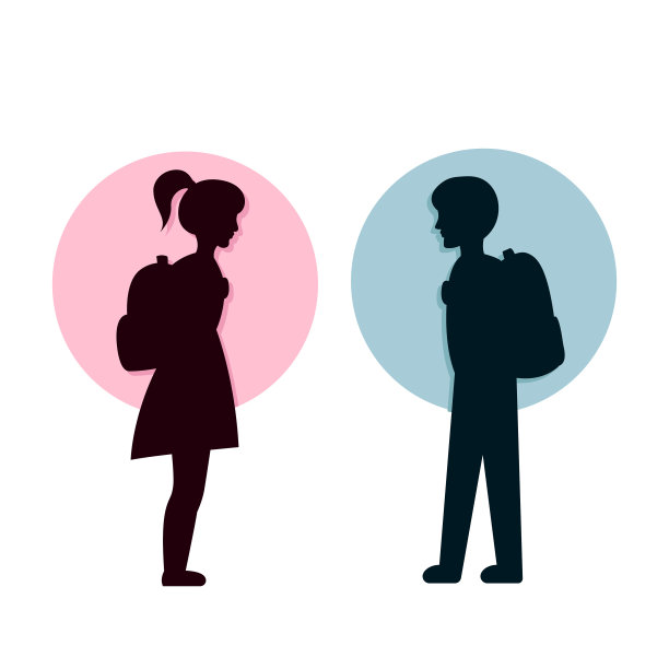 创意儿童剪影学校矢量艺术，粉红色和蓝色的男性和女性贴纸为学校图片下载