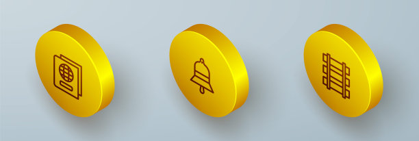 设置等距线护照，火车站钟和铁路，铁路轨道图标。向量图片下载