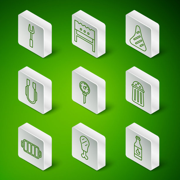 设置线塔巴斯科酱，鸡腿，烧烤叉，厨房温度计，肉钳，烧烤火盆，烤架和盐图标。向量图片下载