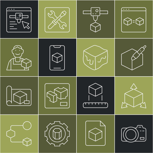 集线相机，等距立方体，3d笔工具，3d打印机，软件，平面设计师，设置和图标。向量图片下载