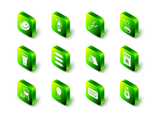 采购产品灭火器，烧烤叉，自制派，火柴盒和火柴，盐，原木，和鸡腿图标。向量图片下载