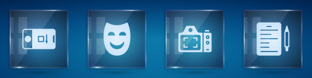 集照片和视频拍摄，喜剧戏剧面具，相机和场景。方形玻璃板。向量图片下载