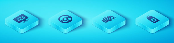 设置等距检查发动机，方向盘，机油罐和图标。向量图片下载