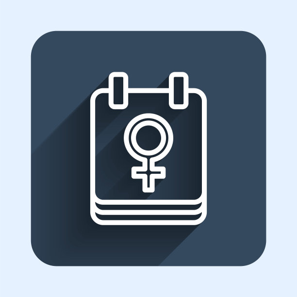 白线日历与3月8日图标隔离与长阴影背景。妇女节快乐。蓝色方形按钮。向量图片下载