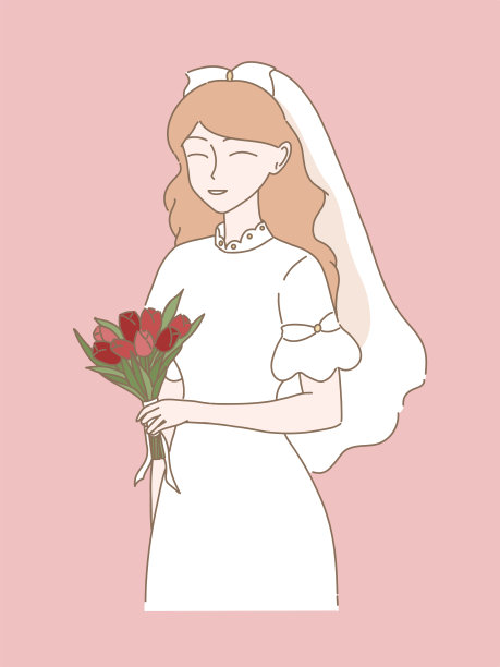 美丽的新娘身穿白色婚纱，头戴面纱，手里拿着粉色和红色的郁金香花束。手绘平面卡通人物矢量插图。图片下载