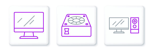 设置线电脑显示器，屏幕和冷却器图标。向量图片下载