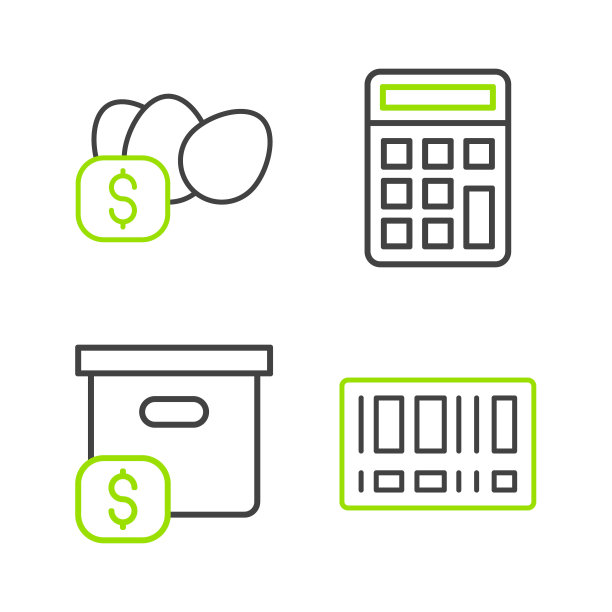 设置线条形码，纸箱纸箱与价格，计算器和鸡蛋图标的价格标签。向量图片下载