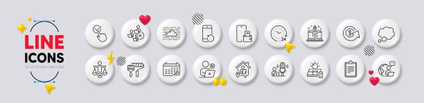 美元兑换，手机钱包和外包工作线图标。对于web应用程序，打印。白色按钮3d图标。向量图片下载