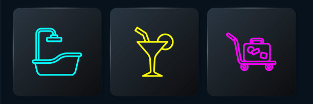 集浴缸，手推车行李箱和鸡尾酒。黑色方形按钮。向量图片下载