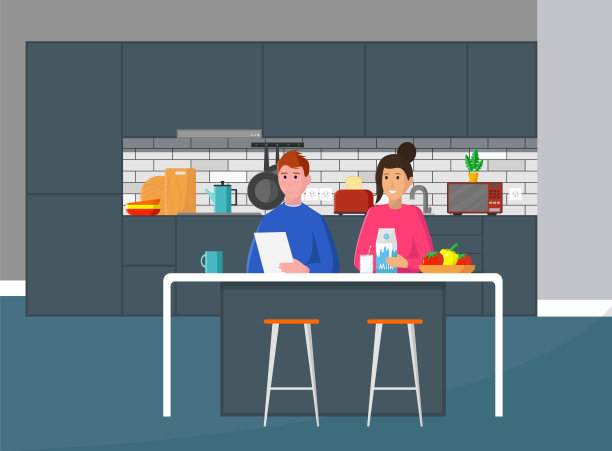 家庭夫妇在厨房准备做饭。男人和女人在厨房里。矢量插图。图片下载