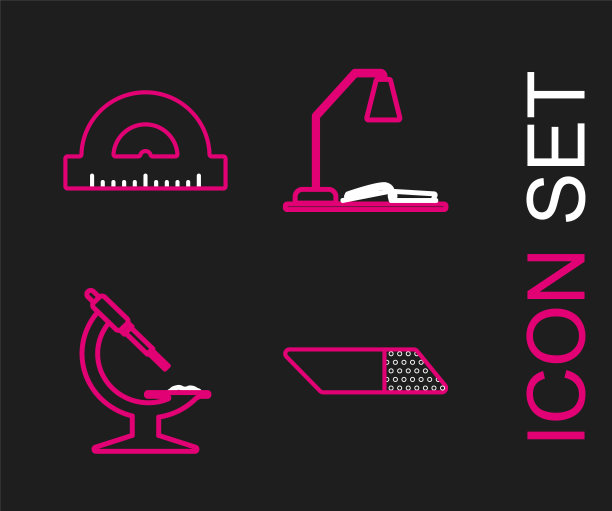 设置线橡皮擦或橡胶，显微镜，工作场所与台灯和打开的书和量角器网格测量度图标。向量图片下载