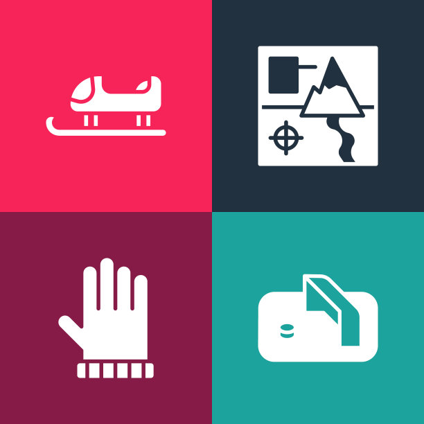 设置流行艺术冰球目标，圣诞手套，折叠地图和雪橇图标。向量图片下载