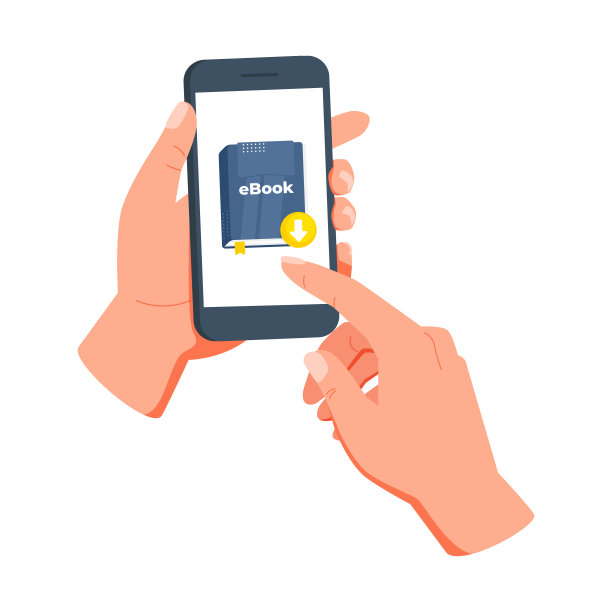 手拿着智能手机，手指按下电子书封面上的下载按钮，从网上商店下载电子书图片下载