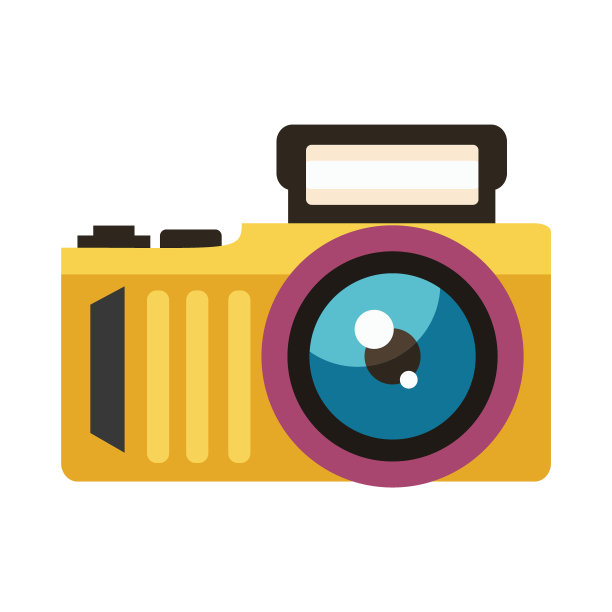 这是一幅充满活力的数码插图，展示了一架带有蓝色大镜头、黄色机身和黑色细节的相机。相机以平面图形风格描绘，强调其丰富多彩的现代设计图片下载