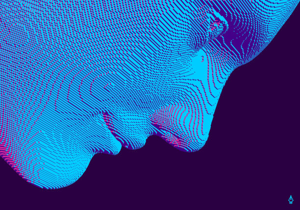 男人的脸向下看。微笑男人的肖像。由立方体构建的抽象数字人头。技术的概念。体素的艺术。用于演示文稿，传单或海报的3D矢量插图。图片下载