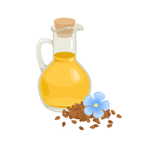 玻璃瓶装亚麻籽油。矢量卡通平面插图。图片下载