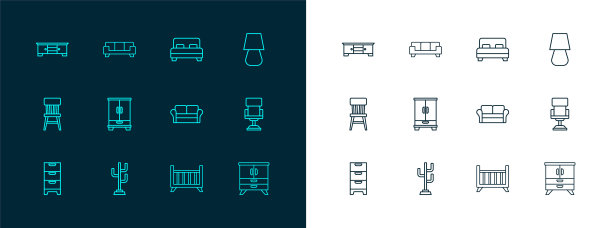 集线台灯，大衣架，沙发，婴儿床摇篮床，衣柜，大，电视桌和图标。向量图片下载