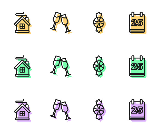 设置线糖果，圣诞快乐的房子，香槟和一天的日历图标。向量图片下载