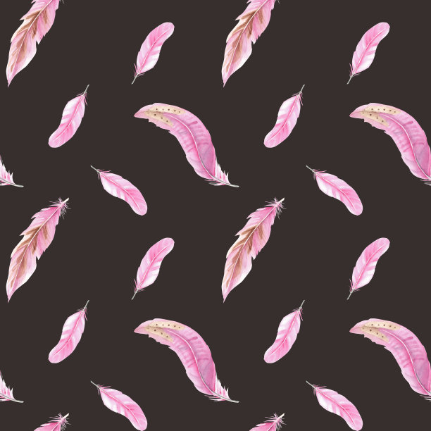 无缝图案的粉红色羽毛。黑色背景水彩插图。手绘。可用于织物、纺织品和包装印刷。图片下载
