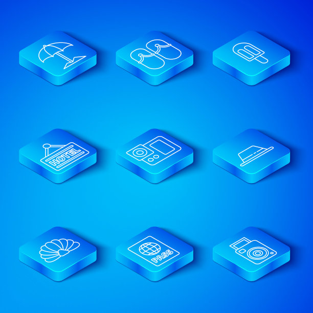 集线扇贝海壳，照相机，护照，男子帽带，冰淇淋，招牌文字酒店，海滩和图标遮阳伞。向量图片下载