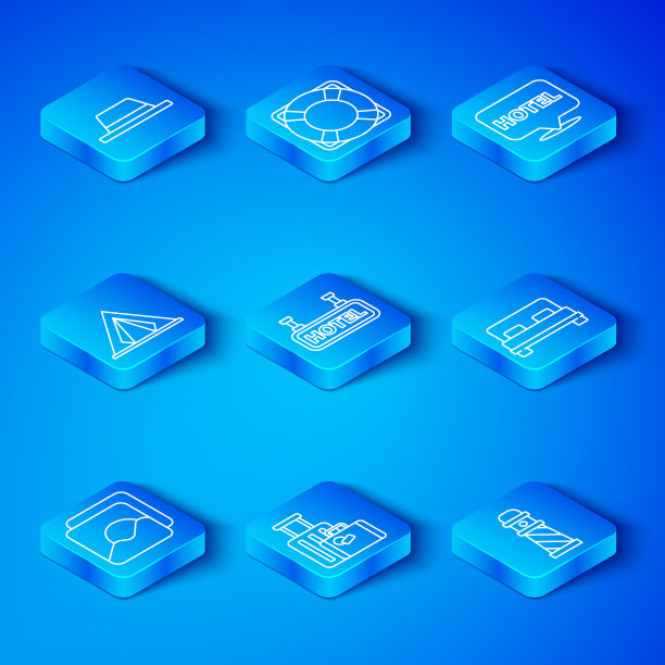 集线照片，招牌文字酒店，手提箱，大床，位置酒店，旅游帐篷，男人帽子丝带和灯塔图标。向量图片下载