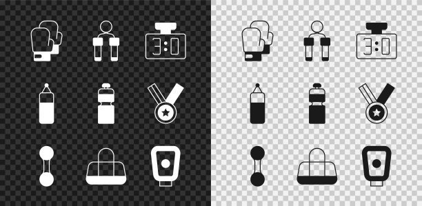 集拳击手套，跳绳，运动机械记分牌，哑铃，袋，训练爪子，拳击和健身震动器图标。向量图片下载