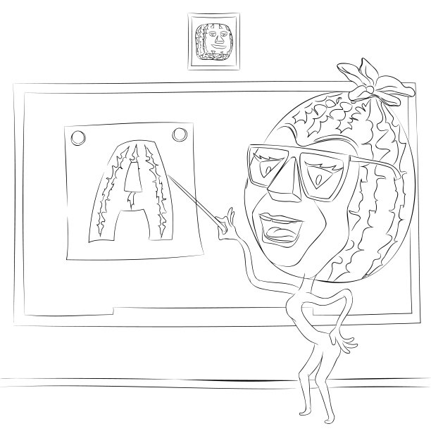西瓜老师的线条艺术插图，戴着眼镜指着字母A的图片。图片下载