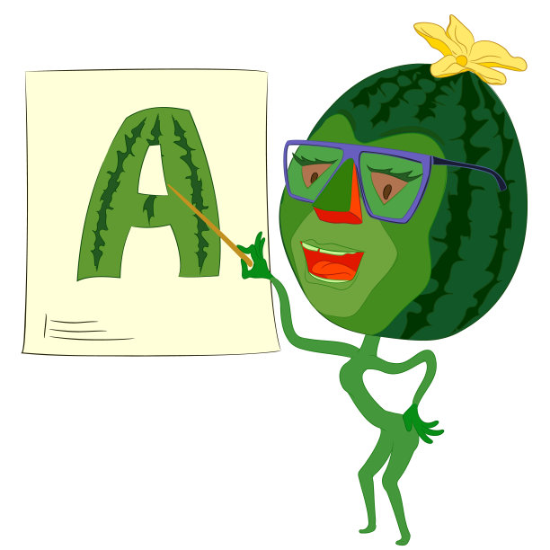 矢量插图卡通人物西瓜老师与眼镜指向图片与指针在他的手。友好的脸，亮绿色的皮肤，教材。图片下载