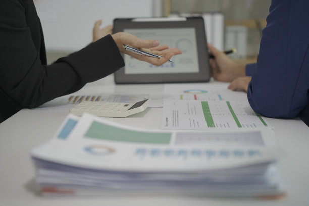 商务人士在商务演示会议或研讨会上讨论项目计划和财务结果的特写镜头。文件包括财务或市场数据、图形和图表。图片下载