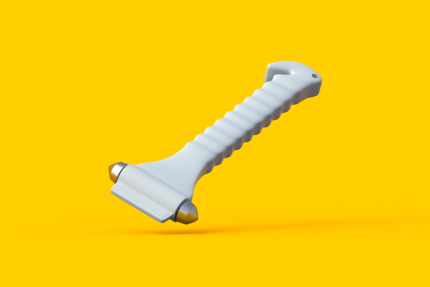 掉落的安全锤，橙色背景。应急工具。救援设备。汽车、公共汽车或其他车辆窗户断路器。三维渲染图片下载