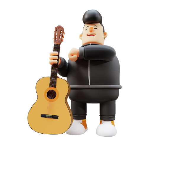 拿着吉他的卡通人物。男孩角色拿着原声吉他。三维男孩图像图片下载