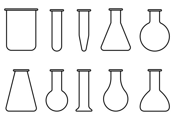 矢量插图集各种形状的实验室设备，玻璃器皿，如烧瓶，烧杯，试管等。图片下载