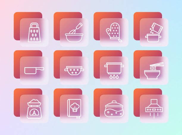 设置线烹饪锅和香料，烹饪书，在火上，厨房漏勺，烤箱手套，磨碎器和搅拌器与碗图标。向量图片下载