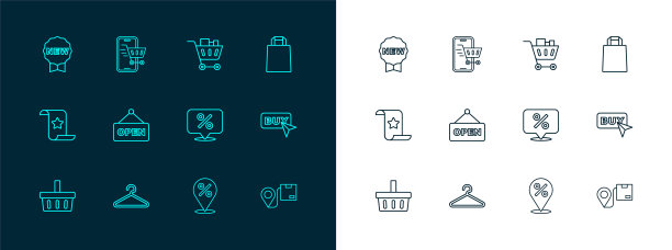 集线纸购物袋，衣架衣柜，折扣百分之标签，位置与，悬挂标志文本打开，购物车和食品，价格新的和移动图标。向量图片下载