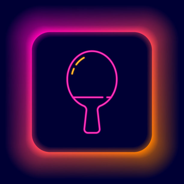 发光的霓虹灯线球拍打乒乓球图标孤立的黑色背景。色彩缤纷的轮廓概念。向量图片下载