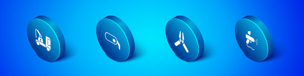 集等距拖车，汽车电池跳线电源线，油漆喷枪和后视镜图标。向量图片下载