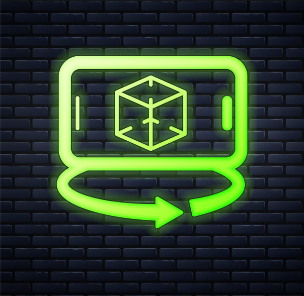 发光的霓虹灯3d建模图标孤立的砖墙背景。增强现实或虚拟现实。向量图片下载