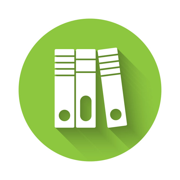 白色办公文件夹与文件和文档图标隔离与长阴影。办公室的绑定。档案文件夹标志。绿色圆形按钮。向量图片下载