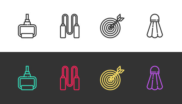 设置线TPX环训练器材，跳绳，靶子带箭，羽毛球黑白两色。向量图片下载